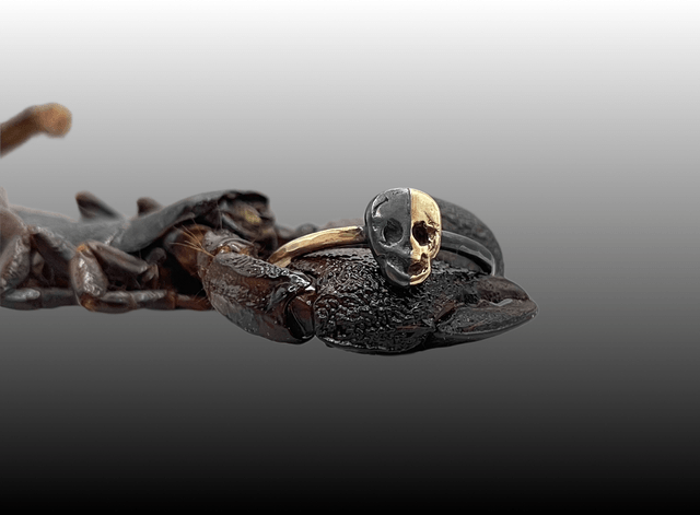 Yin Yang Skull Ring 9ct Gold and Oxidised Silver 